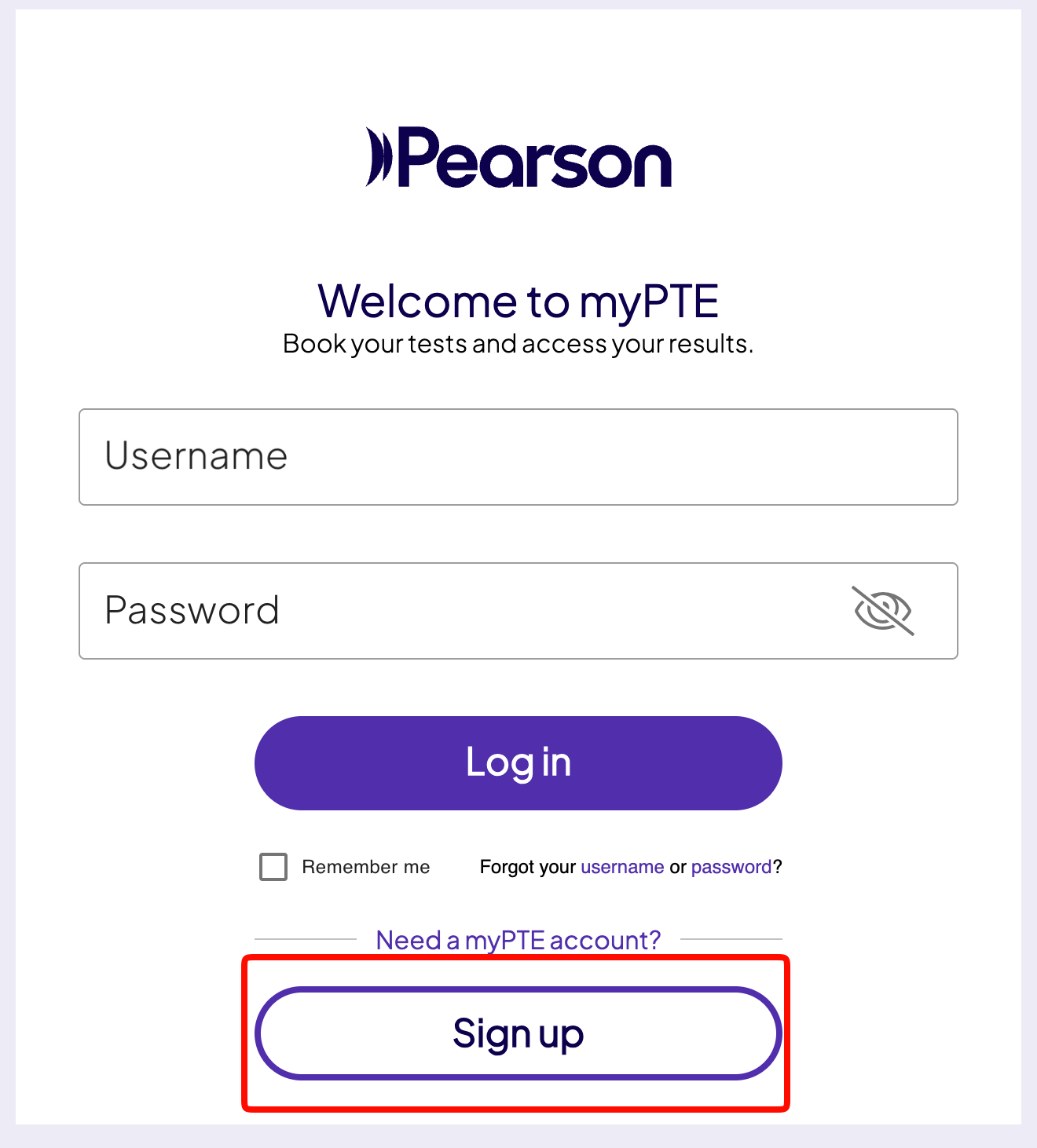 myPTE login page showing Username and Password fields with the Sign up button highlighted below the heading Need a myPTE account