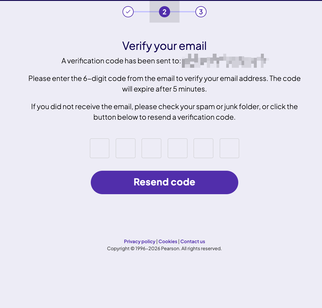 Verify your email screen showing step 2 of 3 progress indicator, six empty digit boxes for the verification code and a Resend code button