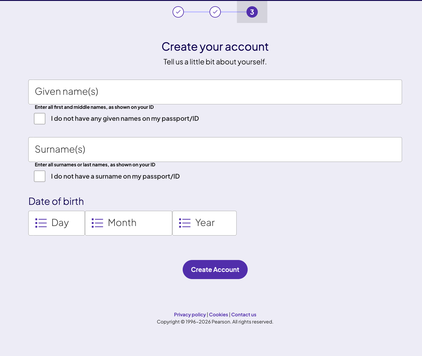 Create your account screen three showing Given names field, Surnames field, checkboxes for test takers without given names or surnames on their passport, Date of birth day month and year selectors, and the Create Account button