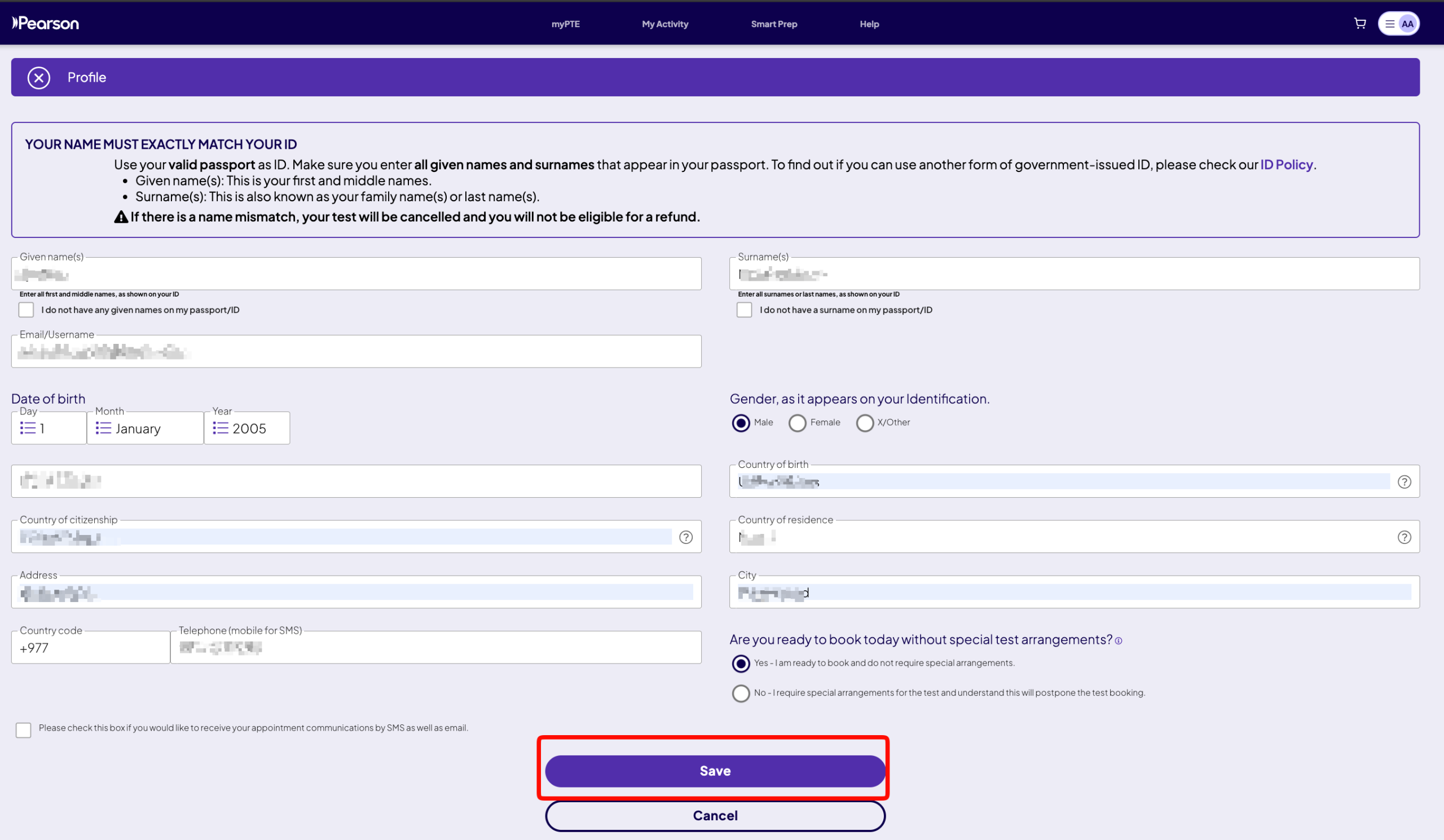 Full myPTE profile form with a warning that your name must exactly match your ID, plus fields for given names, surnames, email, date of birth, gender, country of birth, country of citizenship, country of residence, address, city, country code and telephone, and a highlighted Save button